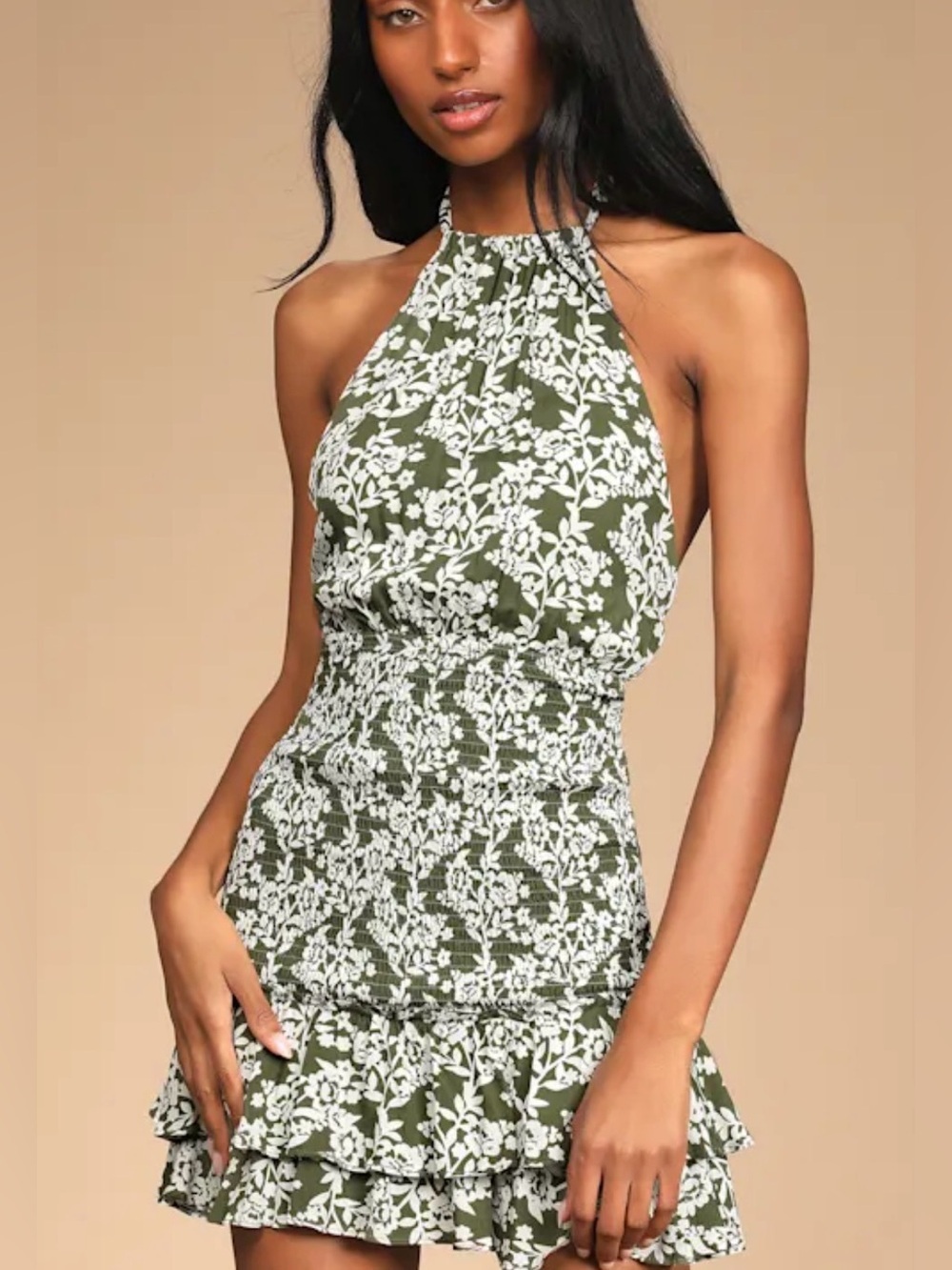 Lulus NWT Budding Palette green floral smocked halter mini dress, medium